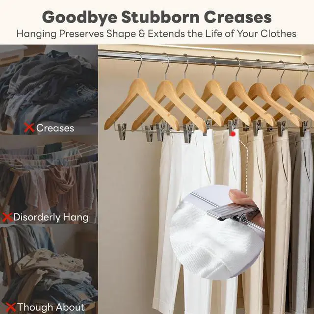 Alt view image 5 of 7 - 24 Pack High-Grade Wooden Suit Hangers Skirt Hangers with Clips Solid Wood Pants Hanger Natural Smooth Finish Premium Wood Hanger with Durable Metal Clips for Blouse, Dress, Coat, Jacket