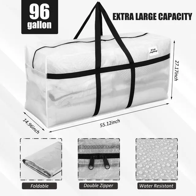 Alt view image 3 of 7 - 4 Pcs 96 Gallon Extra Large Moving Bags Heavy Duty Storage Bag with Strong Zipper Handle Foldable XXL Jumbo Storage Tote Packing Moving Box for College Dorm Travel Cloth Duffle (Clear)