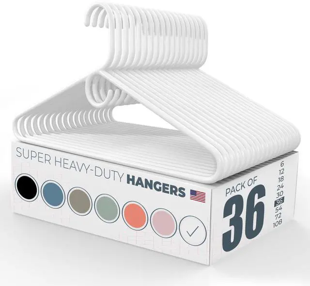 Main image of Super Heavy Duty Clothes Hangers 36 Pack Made in the USA - 10lb Capacity, Thick Plastic Hangers for Pants, Coats, Jackets, Jeans and Adult Clothing White
