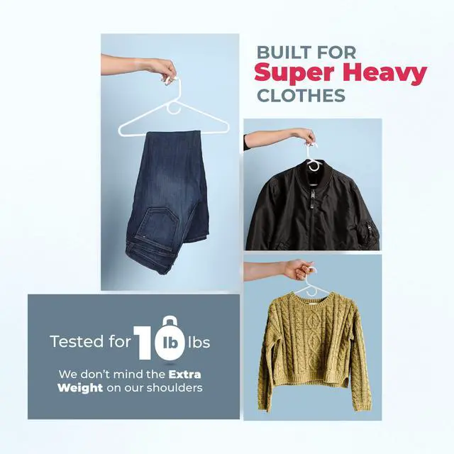 Alt view image 5 of 7 - Super Heavy Duty Clothes Hangers 36 Pack Made in the USA - 10lb Capacity, Thick Plastic Hangers for Pants, Coats, Jackets, Jeans and Adult Clothing White
