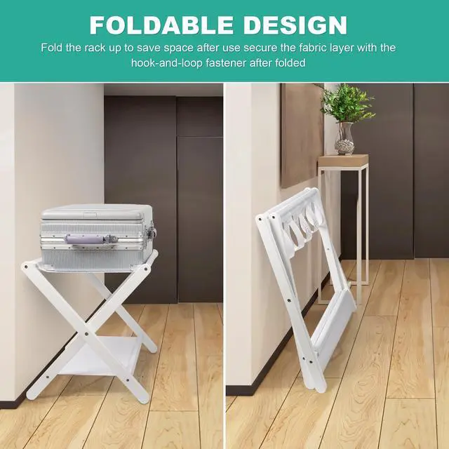 Alt view image 3 of 7 - Luggage Rack, Folding Suitcase Stand with Storage Shelf Set of 2, Bamboo Luggage Stand for Guest Room,Bedroon and Hotel,Holds up to 131 lb,Fit Most Luggage Size,White