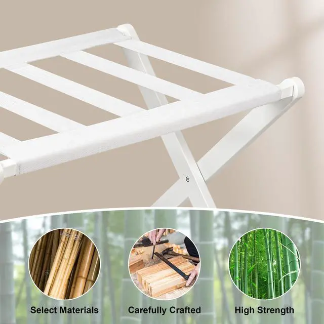 Alt view image 4 of 7 - Luggage Rack, Folding Suitcase Stand with Storage Shelf Set of 2, Bamboo Luggage Stand for Guest Room,Bedroon and Hotel,Holds up to 131 lb,Fit Most Luggage Size,White