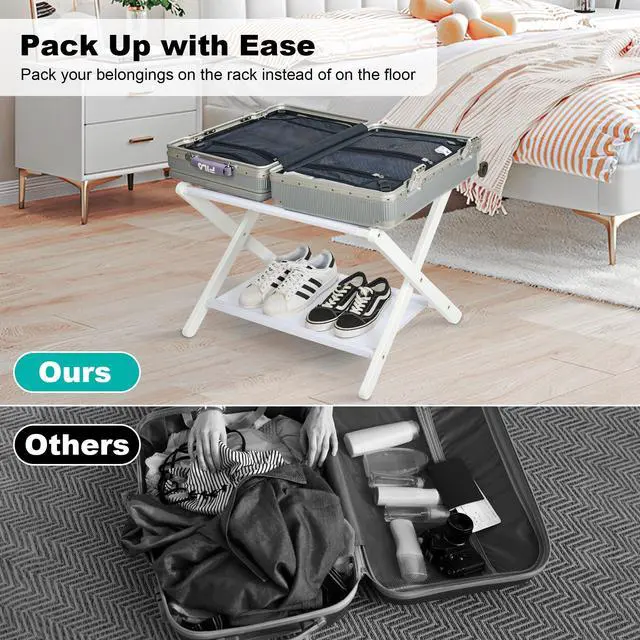 Alt view image 5 of 7 - Luggage Rack, Folding Suitcase Stand with Storage Shelf Set of 2, Bamboo Luggage Stand for Guest Room,Bedroon and Hotel,Holds up to 131 lb,Fit Most Luggage Size,White