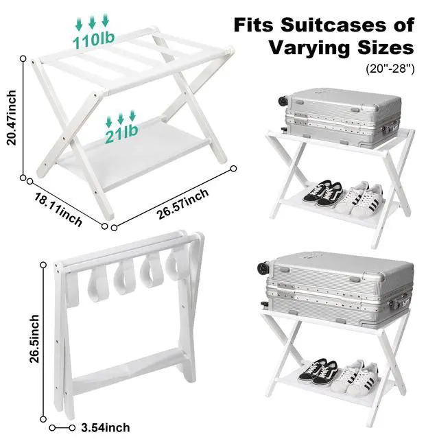 Alt view image 6 of 7 - Luggage Rack, Folding Suitcase Stand with Storage Shelf Set of 2, Bamboo Luggage Stand for Guest Room,Bedroon and Hotel,Holds up to 131 lb,Fit Most Luggage Size,White