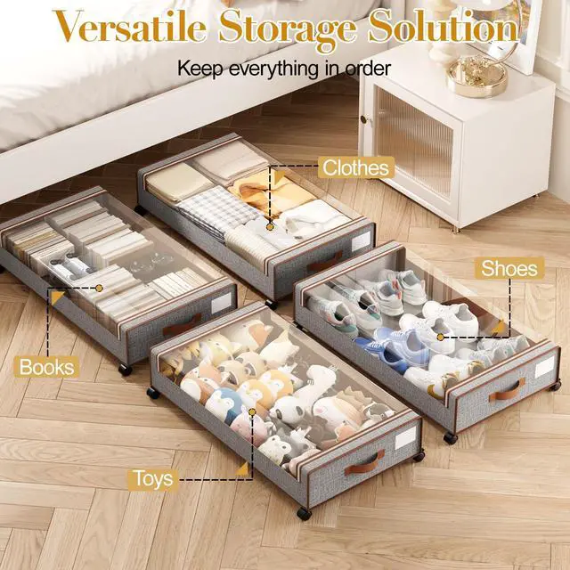 Alt view image 3 of 7 - Under Bed Storage with Wheels, 4 Pack Under the Bed Storage Containers with Lids & Label, XXL 60 L Rolling Underbed Storage Drawers for Clothes, Blankets, Shoes
