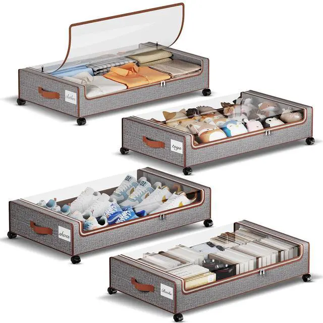 Main image of Under Bed Storage with Wheels, 4 Pack Under the Bed Storage Containers with Lids & Label, XXL 60 L Rolling Underbed Storage Drawers for Clothes, Blankets, Shoes