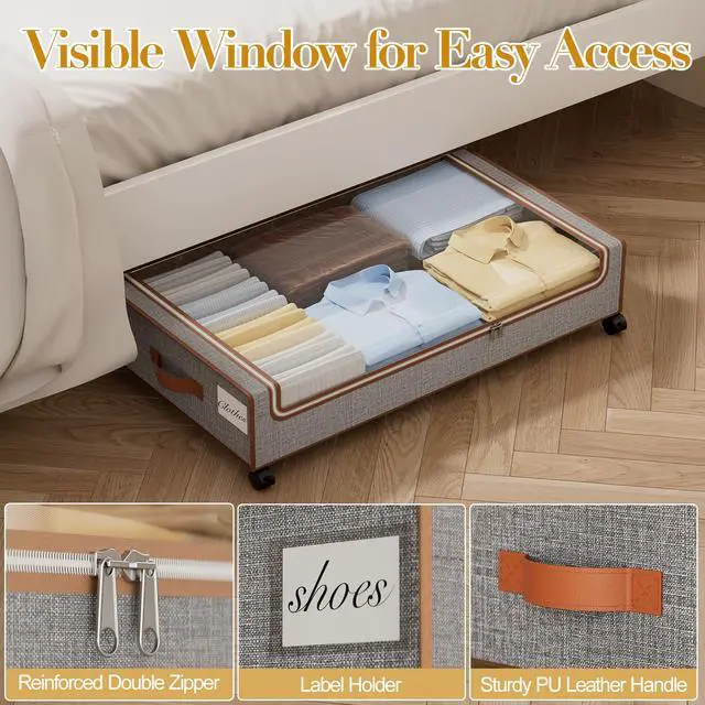 Alt view image 6 of 7 - Under Bed Storage with Wheels, 4 Pack Under the Bed Storage Containers with Lids & Label, XXL 60 L Rolling Underbed Storage Drawers for Clothes, Blankets, Shoes