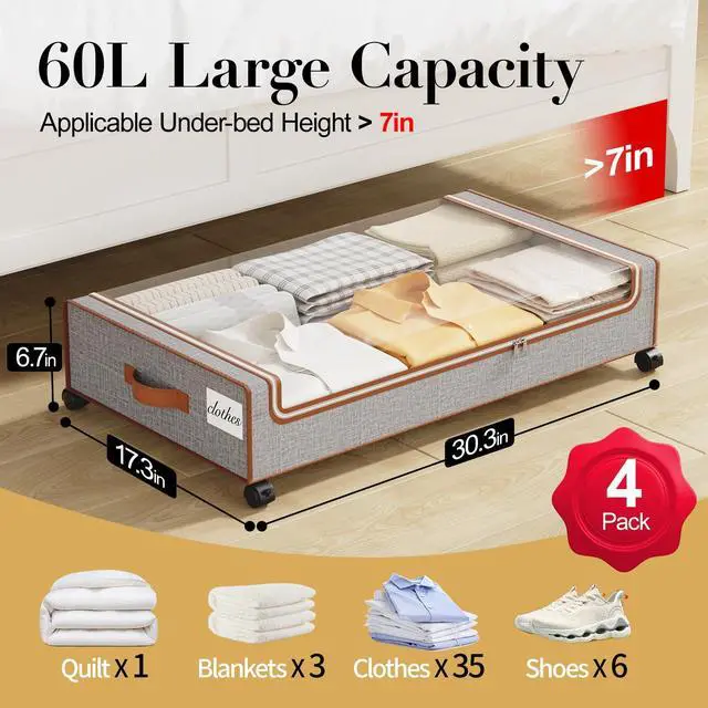 Alt view image 2 of 7 - Under Bed Storage with Wheels, 4 Pack Under the Bed Storage Containers with Lids & Label, XXL 60 L Rolling Underbed Storage Drawers for Clothes, Blankets, Shoes