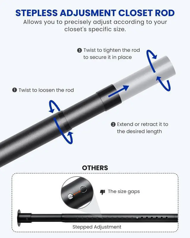 Alt view image 2 of 7 - 4 PACK Closet Rods for Hanging Clothes, 17 to 54 Inches Stepless Adjustable Metal Closet Rod, 1.3 Inches Heavy Duty Clothes Hanging Rod for Closet Wardrobes Laundry RV, Black