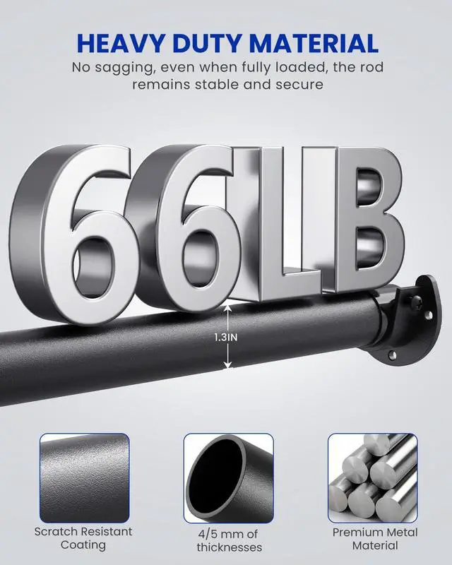 Alt view image 4 of 7 - 4 PACK Closet Rods for Hanging Clothes, 17 to 54 Inches Stepless Adjustable Metal Closet Rod, 1.3 Inches Heavy Duty Clothes Hanging Rod for Closet Wardrobes Laundry RV, Black