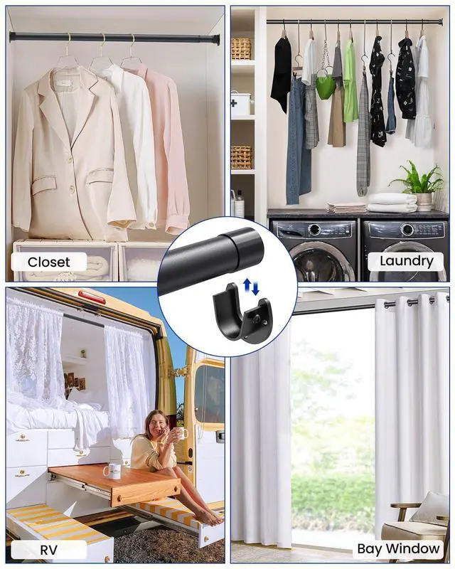Alt view image 5 of 7 - 4 PACK Closet Rods for Hanging Clothes, 17 to 54 Inches Stepless Adjustable Metal Closet Rod, 1.3 Inches Heavy Duty Clothes Hanging Rod for Closet Wardrobes Laundry RV, Black