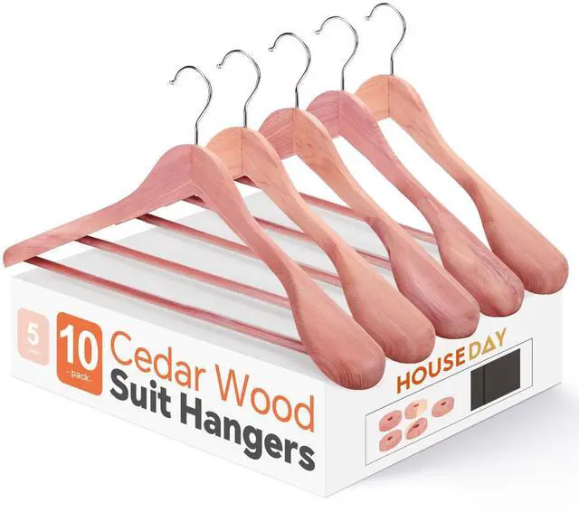 Main image of Wide Shoulder Cedar Hangers for Suits and Coats with Non Slip Pant Bar,360° Swivel Hook, Smooth Finish Cedar Wood Hangers for Closet, Closet Essentials, 10 Pack