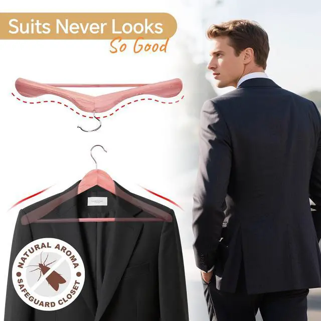 Alt view image 2 of 7 - Wide Shoulder Cedar Hangers for Suits and Coats with Non Slip Pant Bar,360° Swivel Hook, Smooth Finish Cedar Wood Hangers for Closet, Closet Essentials, 10 Pack