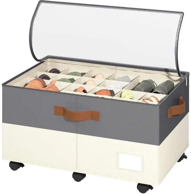 Main image of Shoe Organizer for Closet, Shoe Storage Organizer with Wheels and Adjustable Dividers, Stackable Shoe Storage Box with Clear Cover, Closet Shoe Organizer Fits up to 24-48 Pairs, Gray and Beige
