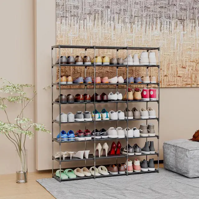 Alt view image 5 of 6 - SMILHELTD Large Shoe Rack 3 Row 8 Tier for Entryway Organizer 48 Pairs, Tiered Sneaker Shelves with Dust-Proof Mats, Space Saving Storage for Garage Closet, DIY Assembly, 49.2" W x 50.8" H