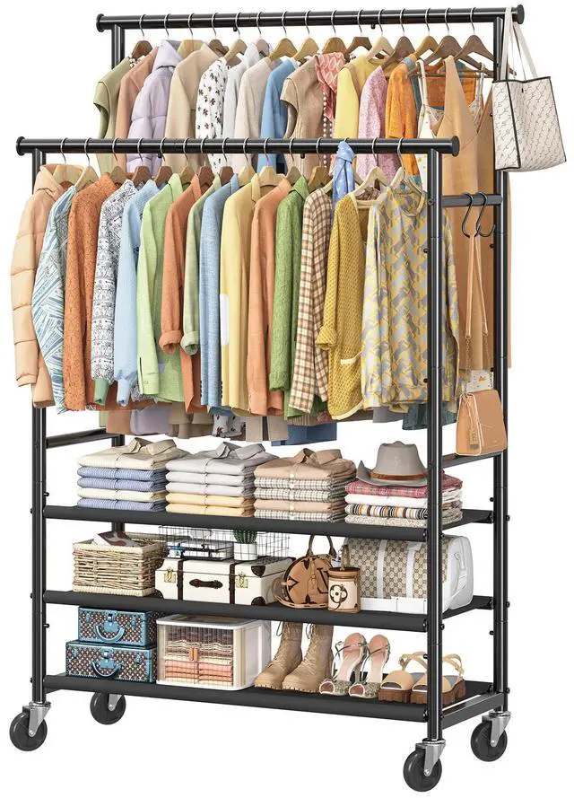 Main image of Double Rods Clothes Rack for Hanging Clothes, Rolling Clothing Rack with Wheels, 3-Tier Hanging Rack with Mesh Shelves, Holds 300 LBS for Bedroom, Laundry, Living Room, Black
