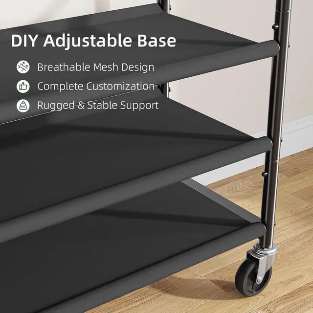 Alt view image 3 of 7 - Double Rods Clothes Rack for Hanging Clothes, Rolling Clothing Rack with Wheels, 3-Tier Hanging Rack with Mesh Shelves, Holds 300 LBS for Bedroom, Laundry, Living Room, Black