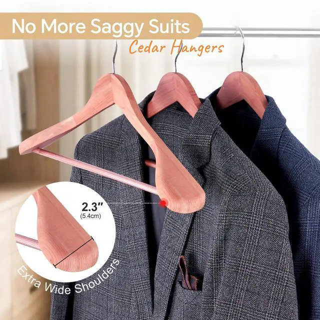 Alt view image 3 of 7 - Wide Shoulder Cedar Hangers for Suits and Coats with Non Slip Pant Bar,360° Swivel Hook, Smooth Finish Cedar Wood Hangers for Closet, Closet Essentials, 10 Pack