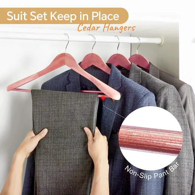 Alt view image 4 of 7 - Wide Shoulder Cedar Hangers for Suits and Coats with Non Slip Pant Bar,360° Swivel Hook, Smooth Finish Cedar Wood Hangers for Closet, Closet Essentials, 10 Pack