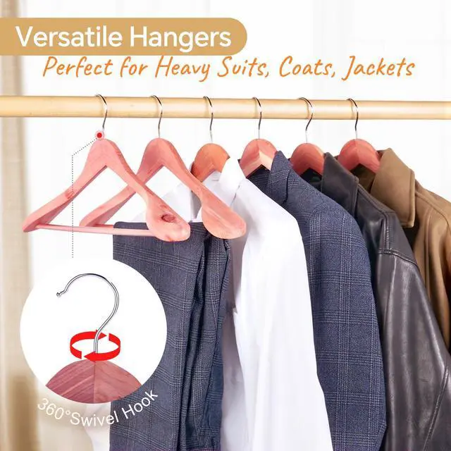 Alt view image 6 of 7 - Wide Shoulder Cedar Hangers for Suits and Coats with Non Slip Pant Bar,360° Swivel Hook, Smooth Finish Cedar Wood Hangers for Closet, Closet Essentials, 10 Pack