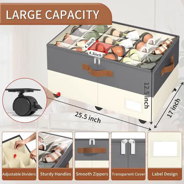 Alt view image 2 of 7 - Shoe Organizer for Closet, Shoe Storage Organizer with Wheels and Adjustable Dividers, Stackable Shoe Storage Box with Clear Cover, Closet Shoe Organizer Fits up to 24-48 Pairs, Gray and Beige