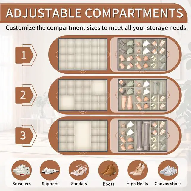 Alt view image 5 of 7 - Shoe Organizer for Closet, Shoe Storage Organizer with Wheels and Adjustable Dividers, Stackable Shoe Storage Box with Clear Cover, Closet Shoe Organizer Fits up to 24-48 Pairs, Gray and Beige