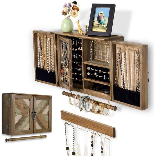 Main image of Wooden Jewelry Organizer Wall Mounted, Hanging Jewelry Holder with Removable Bracelet Rod and Hooks for Necklaces Earrings Bracelets Rings, Brown