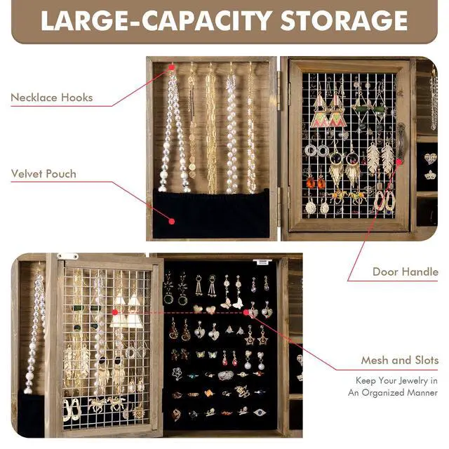Alt view image 2 of 7 - Wooden Jewelry Organizer Wall Mounted, Hanging Jewelry Holder with Removable Bracelet Rod and Hooks for Necklaces Earrings Bracelets Rings, Brown