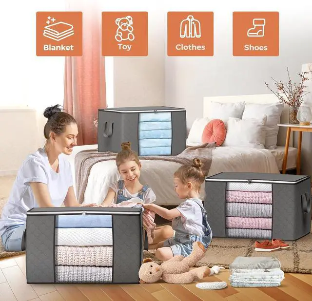Alt view image 4 of 7 - 90 L Large Storage Bags, 10 Pack Clothes Storage Bins Foldable Closet Organizers Storage Containers with Reinforced Handle for Clothing, Blanket, Comforters, Bed Sheets, Pillows (Gray)
