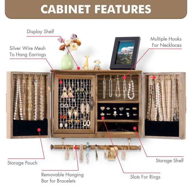 Alt view image 3 of 7 - Wooden Jewelry Organizer Wall Mounted, Hanging Jewelry Holder with Removable Bracelet Rod and Hooks for Necklaces Earrings Bracelets Rings, Brown