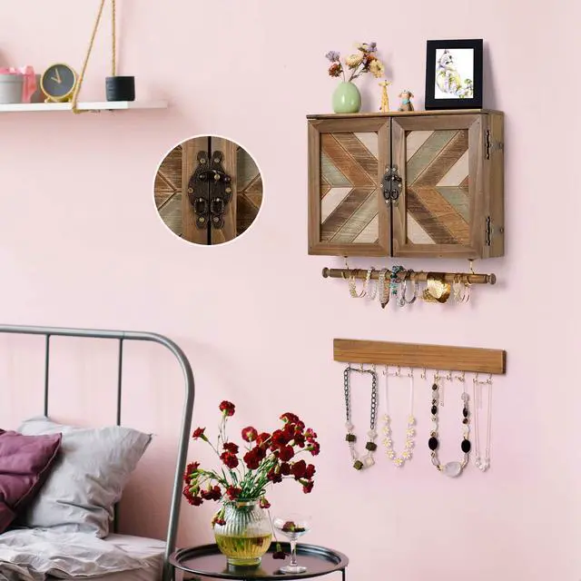 Alt view image 4 of 7 - Wooden Jewelry Organizer Wall Mounted, Hanging Jewelry Holder with Removable Bracelet Rod and Hooks for Necklaces Earrings Bracelets Rings, Brown