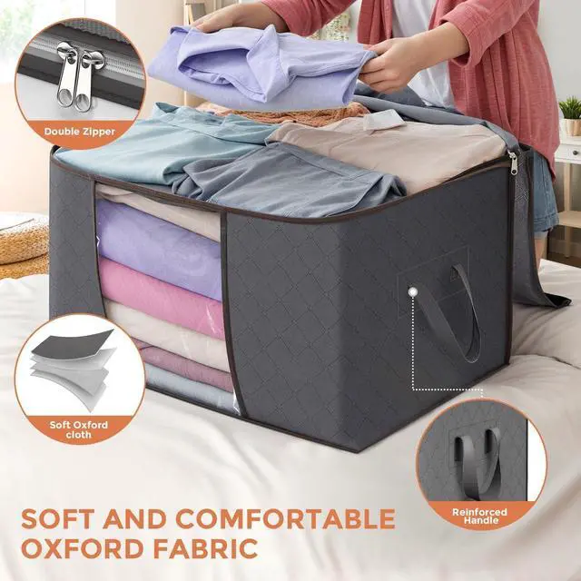 Alt view image 5 of 7 - 90 L Large Storage Bags, 10 Pack Clothes Storage Bins Foldable Closet Organizers Storage Containers with Reinforced Handle for Clothing, Blanket, Comforters, Bed Sheets, Pillows (Gray)