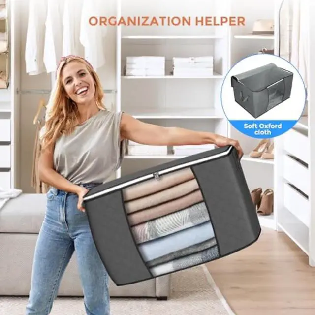 Alt view image 6 of 7 - 90 L Large Storage Bags, 10 Pack Clothes Storage Bins Foldable Closet Organizers Storage Containers with Reinforced Handle for Clothing, Blanket, Comforters, Bed Sheets, Pillows (Gray)