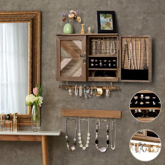 Alt view image 5 of 7 - Wooden Jewelry Organizer Wall Mounted, Hanging Jewelry Holder with Removable Bracelet Rod and Hooks for Necklaces Earrings Bracelets Rings, Brown