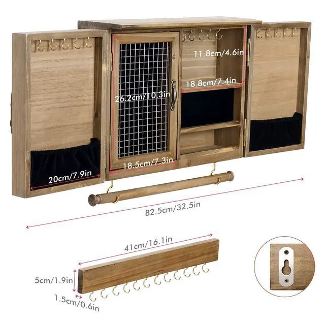 Alt view image 6 of 7 - Wooden Jewelry Organizer Wall Mounted, Hanging Jewelry Holder with Removable Bracelet Rod and Hooks for Necklaces Earrings Bracelets Rings, Brown