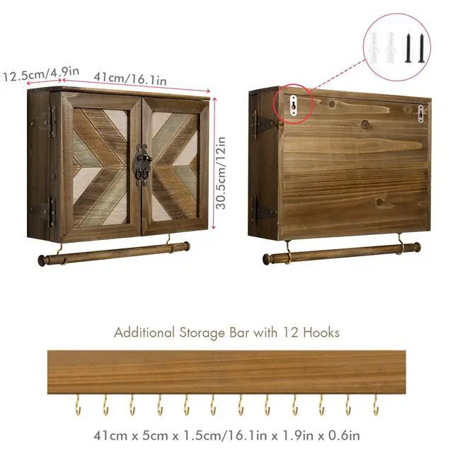 Alt view image 7 of 7 - Wooden Jewelry Organizer Wall Mounted, Hanging Jewelry Holder with Removable Bracelet Rod and Hooks for Necklaces Earrings Bracelets Rings, Brown