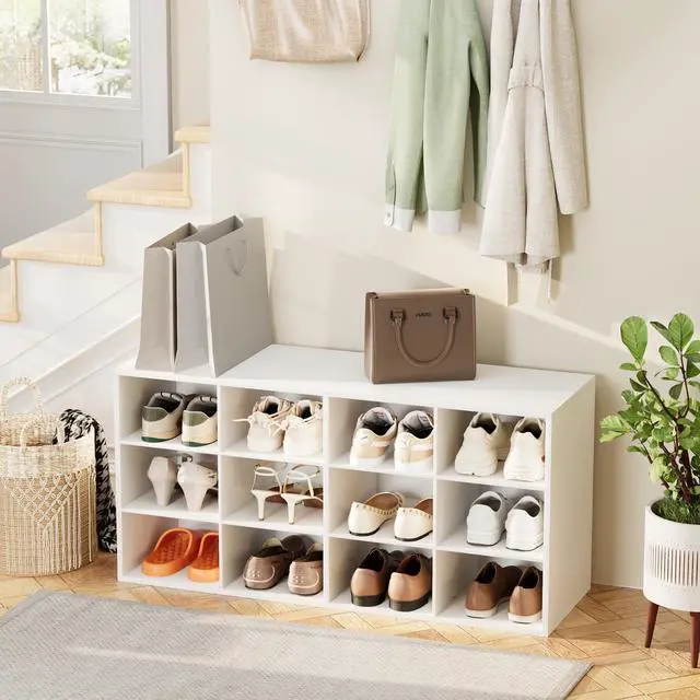 Alt view image 3 of 7 - 12-Cubby Shoe Rack, 3-Tier Wood Shoe Organizer, Multifunctional Shoe Organizer Bench for Entryway, Mudroom, Hallway, Closet,36.22 * 11.81 * 17.72 Inch,White