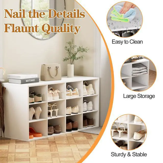 Alt view image 4 of 7 - 12-Cubby Shoe Rack, 3-Tier Wood Shoe Organizer, Multifunctional Shoe Organizer Bench for Entryway, Mudroom, Hallway, Closet,36.22 * 11.81 * 17.72 Inch,White