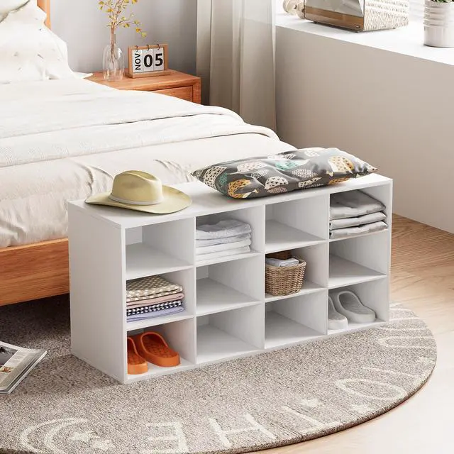 Alt view image 5 of 7 - 12-Cubby Shoe Rack, 3-Tier Wood Shoe Organizer, Multifunctional Shoe Organizer Bench for Entryway, Mudroom, Hallway, Closet,36.22 * 11.81 * 17.72 Inch,White