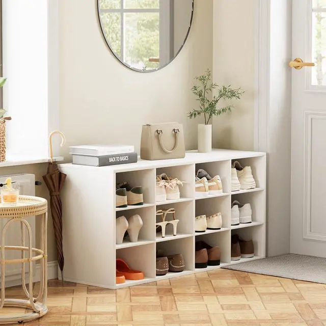 Alt view image 6 of 7 - 12-Cubby Shoe Rack, 3-Tier Wood Shoe Organizer, Multifunctional Shoe Organizer Bench for Entryway, Mudroom, Hallway, Closet,36.22 * 11.81 * 17.72 Inch,White