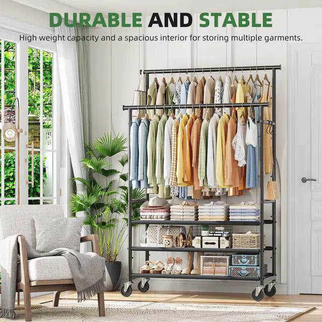 Alt view image 2 of 7 - Double Rods Clothes Rack for Hanging Clothes, Rolling Clothing Rack with Wheels, 3-Tier Hanging Rack with Mesh Shelves, Holds 300 LBS for Bedroom, Laundry, Living Room, Black