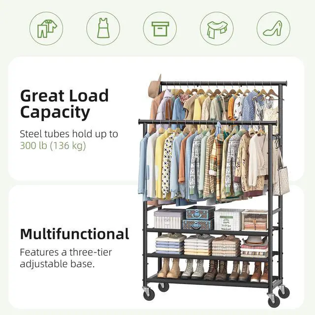 Alt view image 5 of 7 - Double Rods Clothes Rack for Hanging Clothes, Rolling Clothing Rack with Wheels, 3-Tier Hanging Rack with Mesh Shelves, Holds 300 LBS for Bedroom, Laundry, Living Room, Black