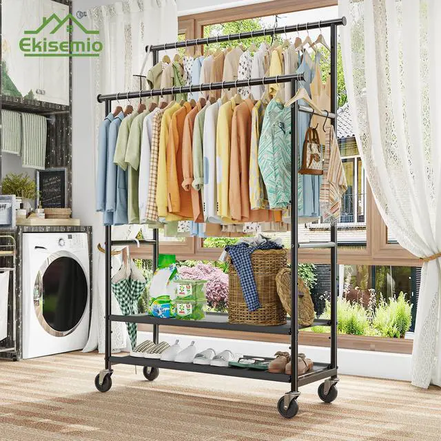 Alt view image 6 of 7 - Double Rods Clothes Rack for Hanging Clothes, Rolling Clothing Rack with Wheels, 3-Tier Hanging Rack with Mesh Shelves, Holds 300 LBS for Bedroom, Laundry, Living Room, Black