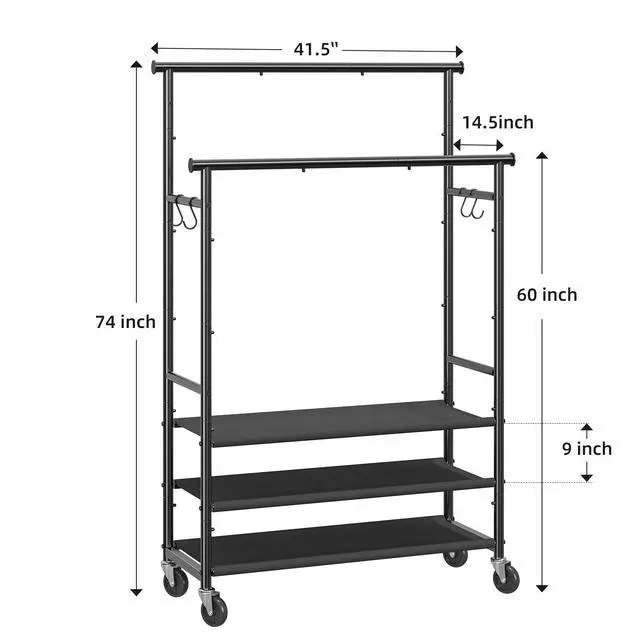Alt view image 7 of 7 - Double Rods Clothes Rack for Hanging Clothes, Rolling Clothing Rack with Wheels, 3-Tier Hanging Rack with Mesh Shelves, Holds 300 LBS for Bedroom, Laundry, Living Room, Black
