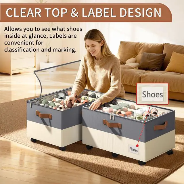 Alt view image 4 of 7 - Shoe Organizer for Closet, Shoe Storage Organizer with Wheels and Adjustable Dividers, Stackable Shoe Storage Box with Clear Cover, Closet Shoe Organizer Fits up to 24-48 Pairs, Gray and Beige