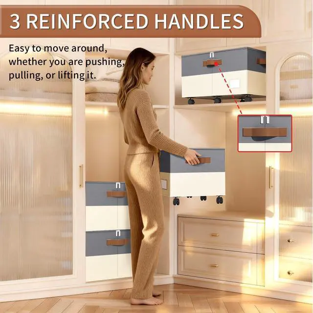 Alt view image 6 of 7 - Shoe Organizer for Closet, Shoe Storage Organizer with Wheels and Adjustable Dividers, Stackable Shoe Storage Box with Clear Cover, Closet Shoe Organizer Fits up to 24-48 Pairs, Gray and Beige