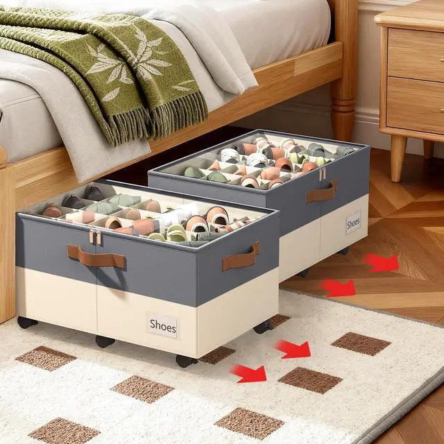 Alt view image 7 of 7 - Shoe Organizer for Closet, Shoe Storage Organizer with Wheels and Adjustable Dividers, Stackable Shoe Storage Box with Clear Cover, Closet Shoe Organizer Fits up to 24-48 Pairs, Gray and Beige