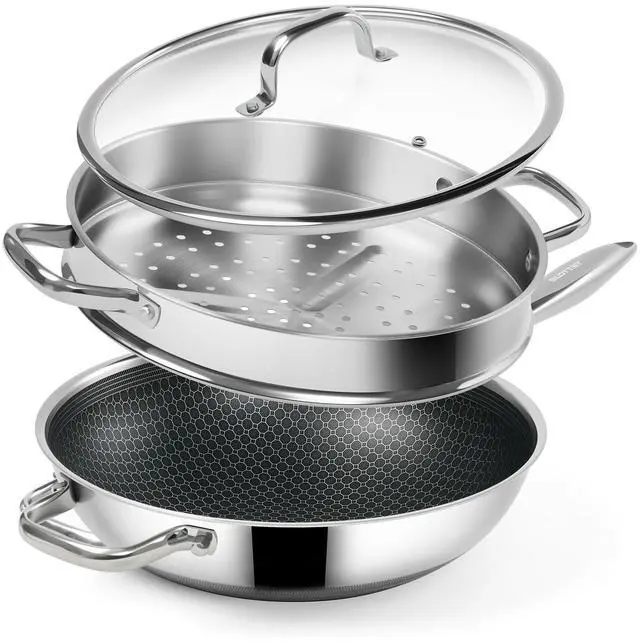 Main image of Hybrid 12-Inch Wok with Steamer,Nonstick Stainless Steel Woks & Stir-fry pans with Lid,Stay-Cool Handle,PFOA Free Cookware,Dishwasher and Oven Safe, Works on Induction