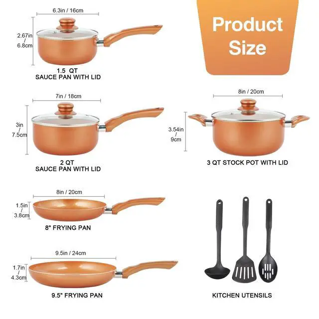 Alt view image 2 of 6 - Pots and Pans Set Ultra Nonstick, Pre-Installed 11pcs Cookware Set Copper with Ceramic Coating, Stay cool handle & Nylon Kitchen Utensils, Gas/Induction Compatible, 100% PFOA Free