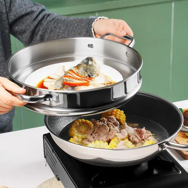 Alt view image 5 of 7 - Hybrid 12-Inch Wok with Steamer,Nonstick Stainless Steel Woks & Stir-fry pans with Lid,Stay-Cool Handle,PFOA Free Cookware,Dishwasher and Oven Safe, Works on Induction